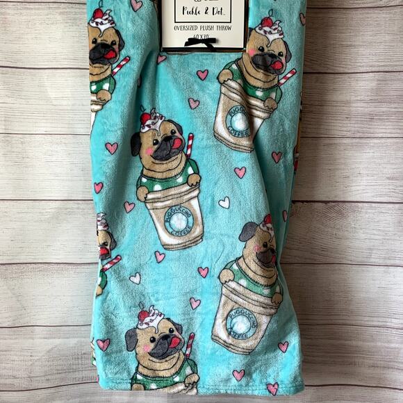 Pickle & Dot Mint Green Pug Dog Throw Blanket Cappuccino Coffee Cup Plush 60x70" - Picture 11 of 16